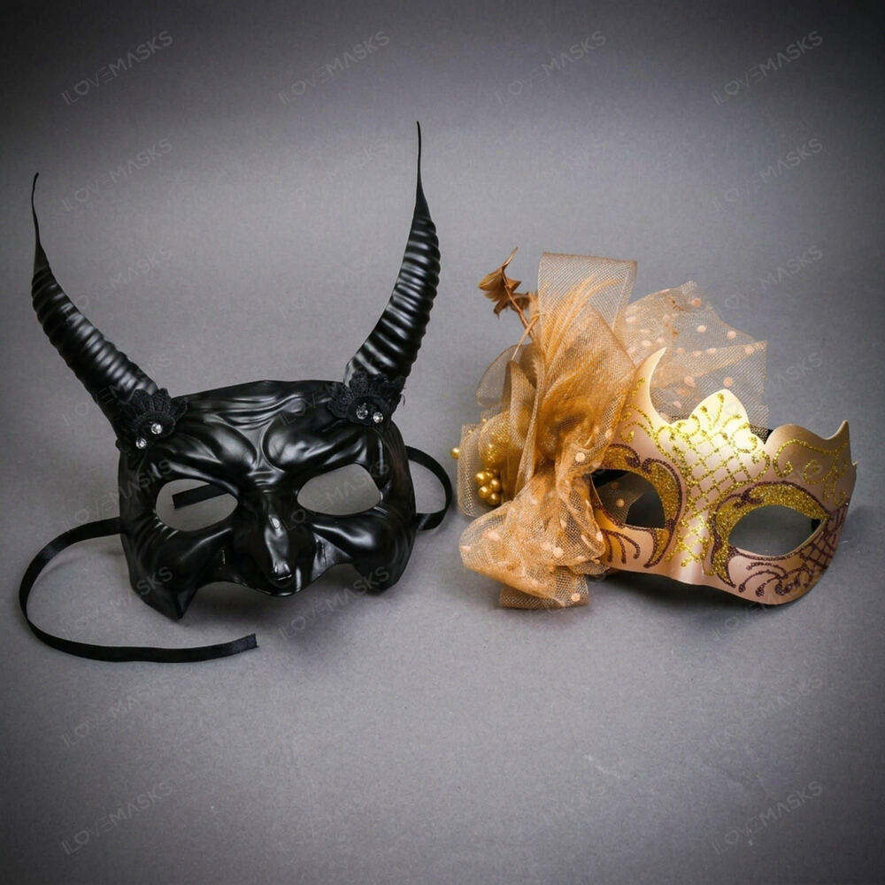 Black Devil Horn Demon Mask & Gold Tulle Glitter Masquerade Couple Mask Set